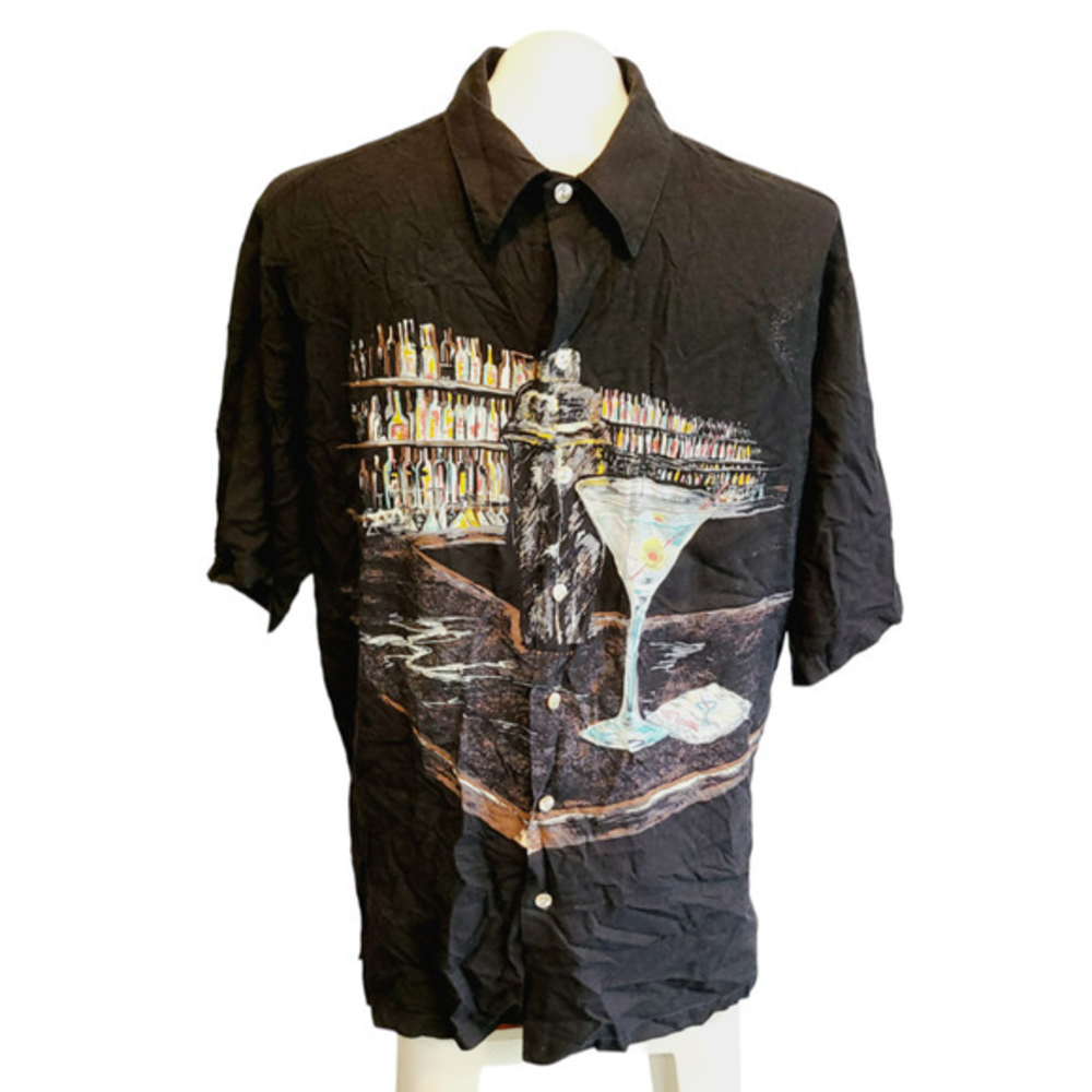 Tori Richard Mens Black Bar Scene Martini Graphic Button Down‎ Shirt Large